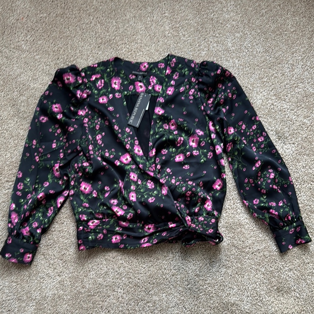 Banana Republic Black and Pink Ruffled Wrap Blouse